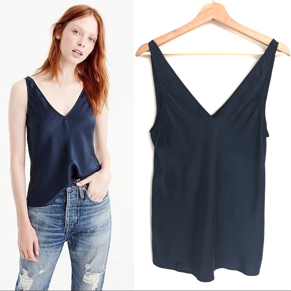 J. Crew 100% Silk V-Neck Navy Blue Top Sz 8